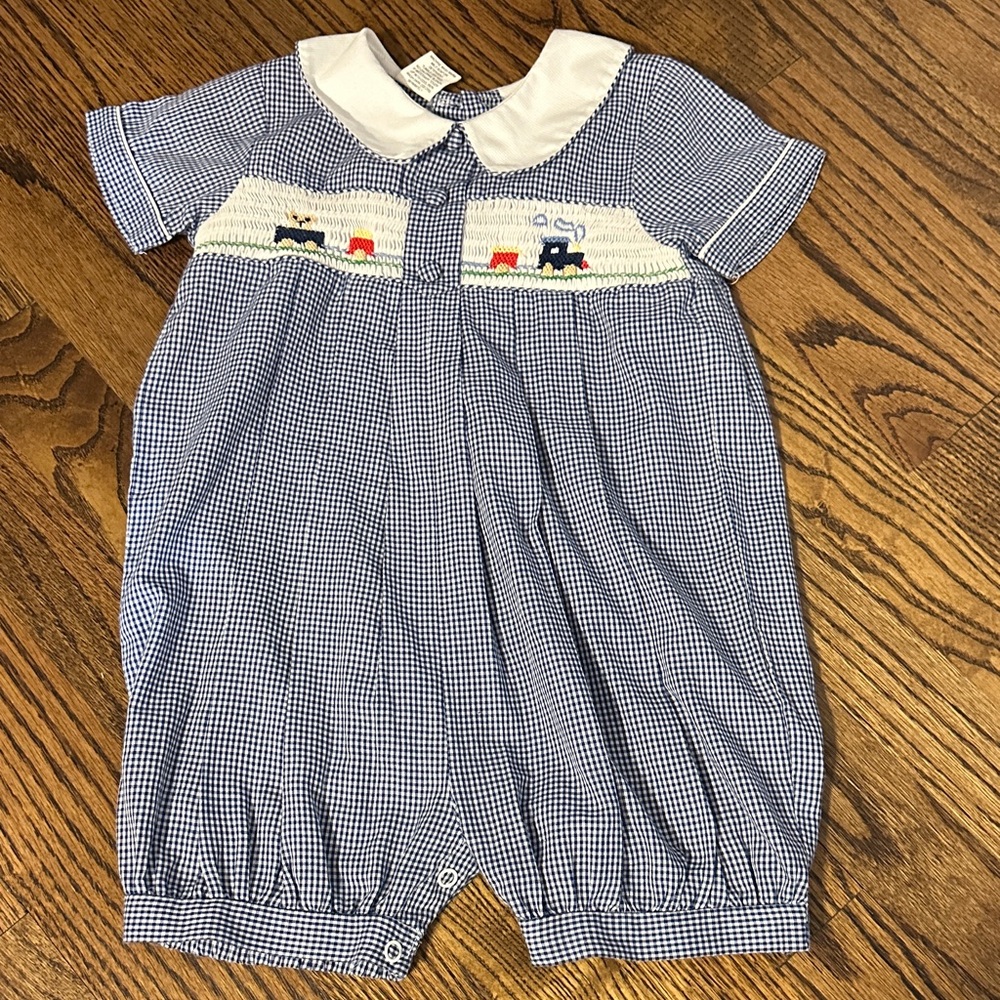 Blue Checkered Baby Romper with Train Smocking